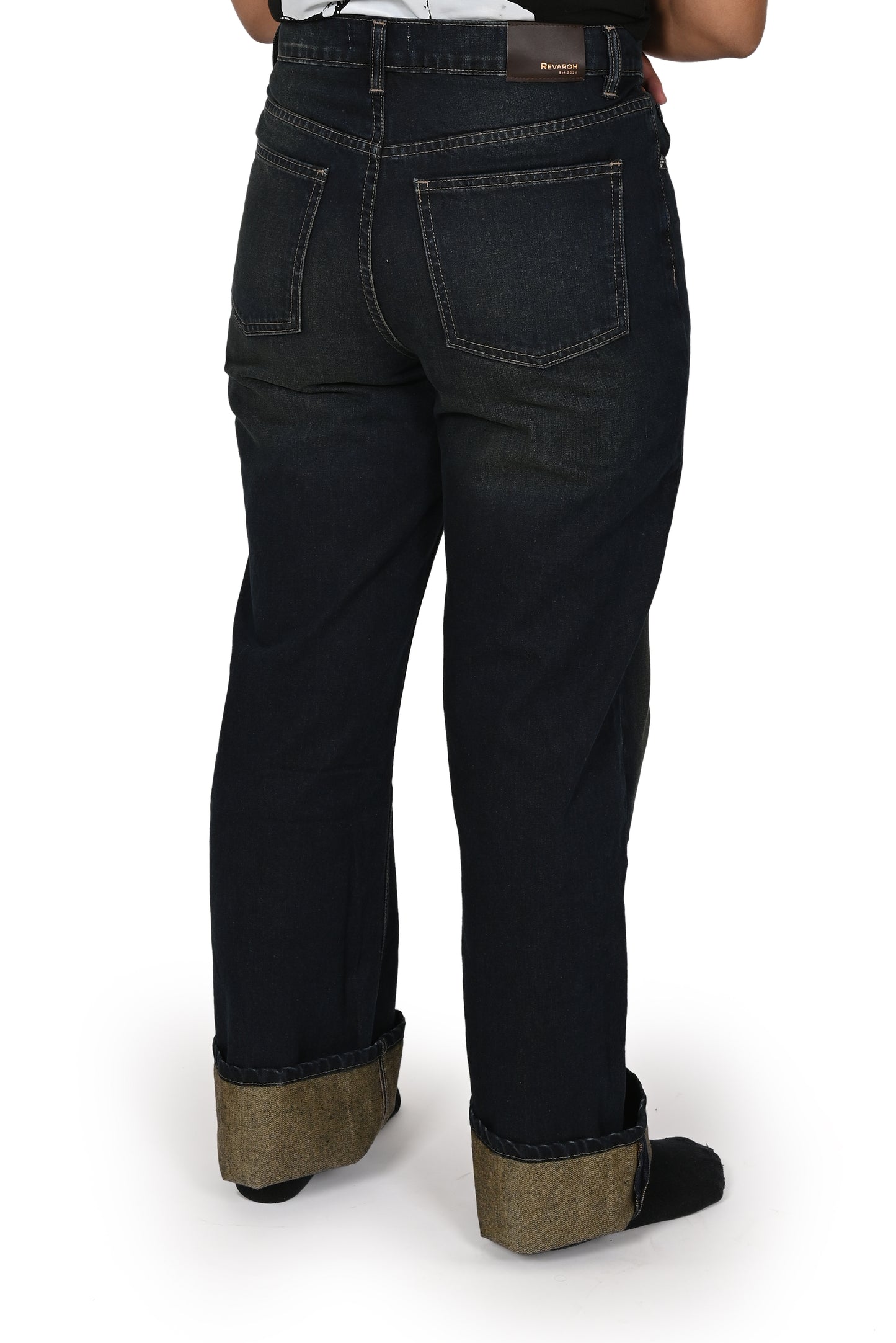 Ladies Wide-Leg Vintage Wash Denim jeans with Fold