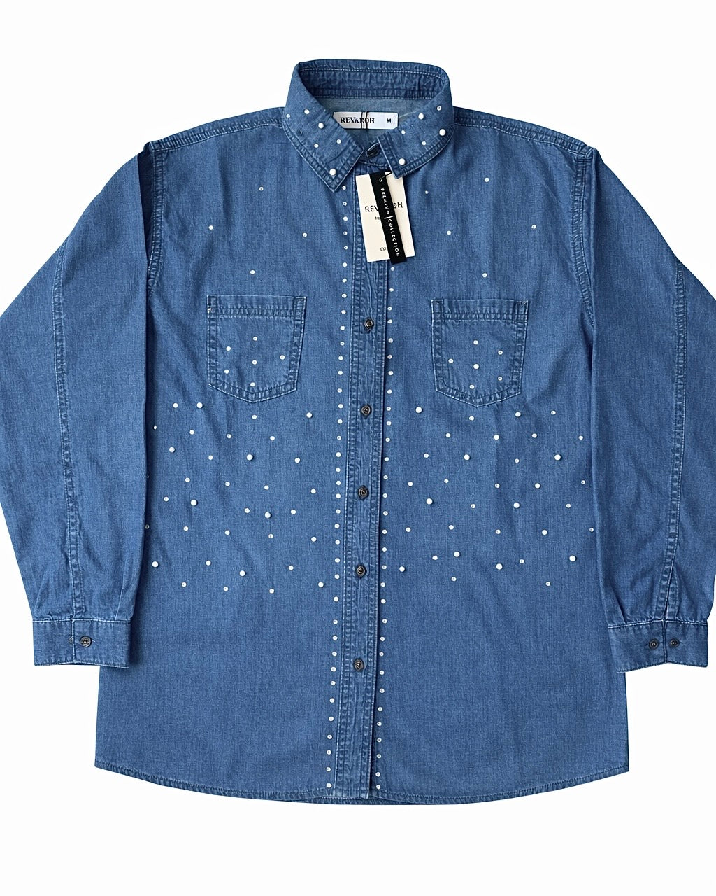 Denim Lightweight Shirt with Pearls and Embellishments