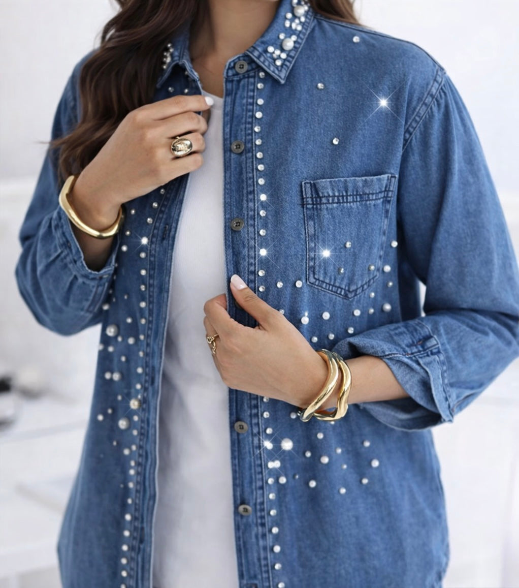 Denim Lightweight Shirt with Pearls and Embellishments