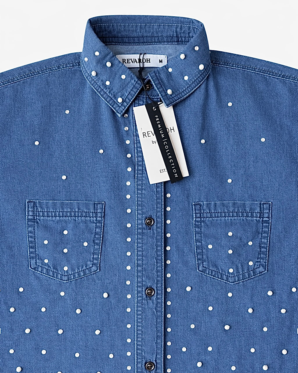 Denim Lightweight Shirt with Pearls and Embellishments