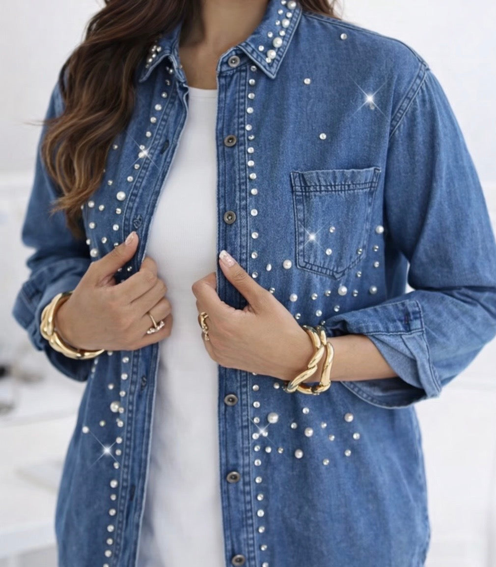 Denim Lightweight Shirt with Pearls and Embellishments