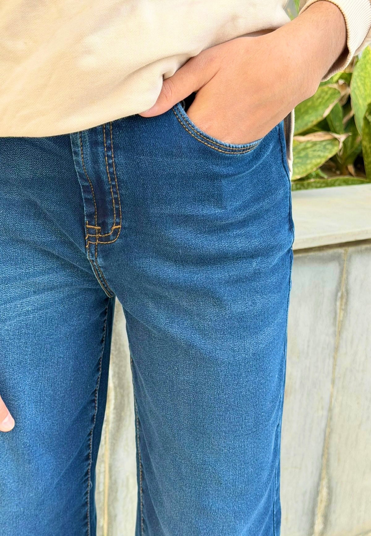 Ladies Knit Denim Wide Leg ( Dark wash )