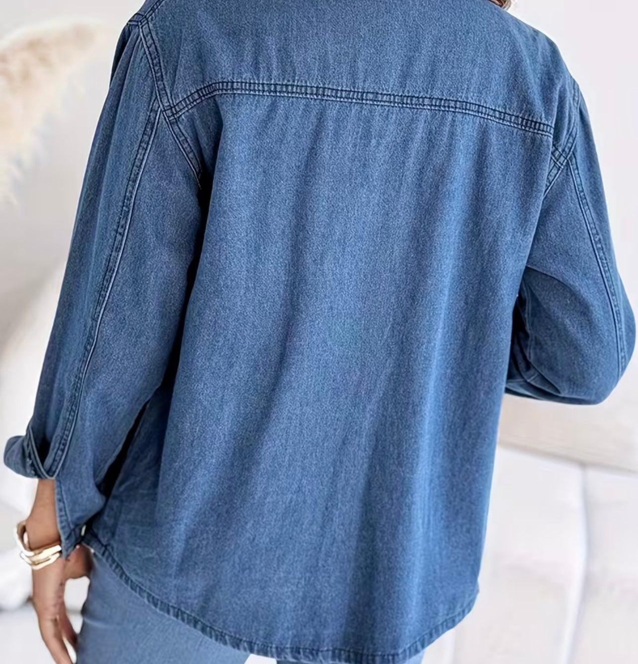 Denim Lightweight Shirt with Pearls and Embellishments
