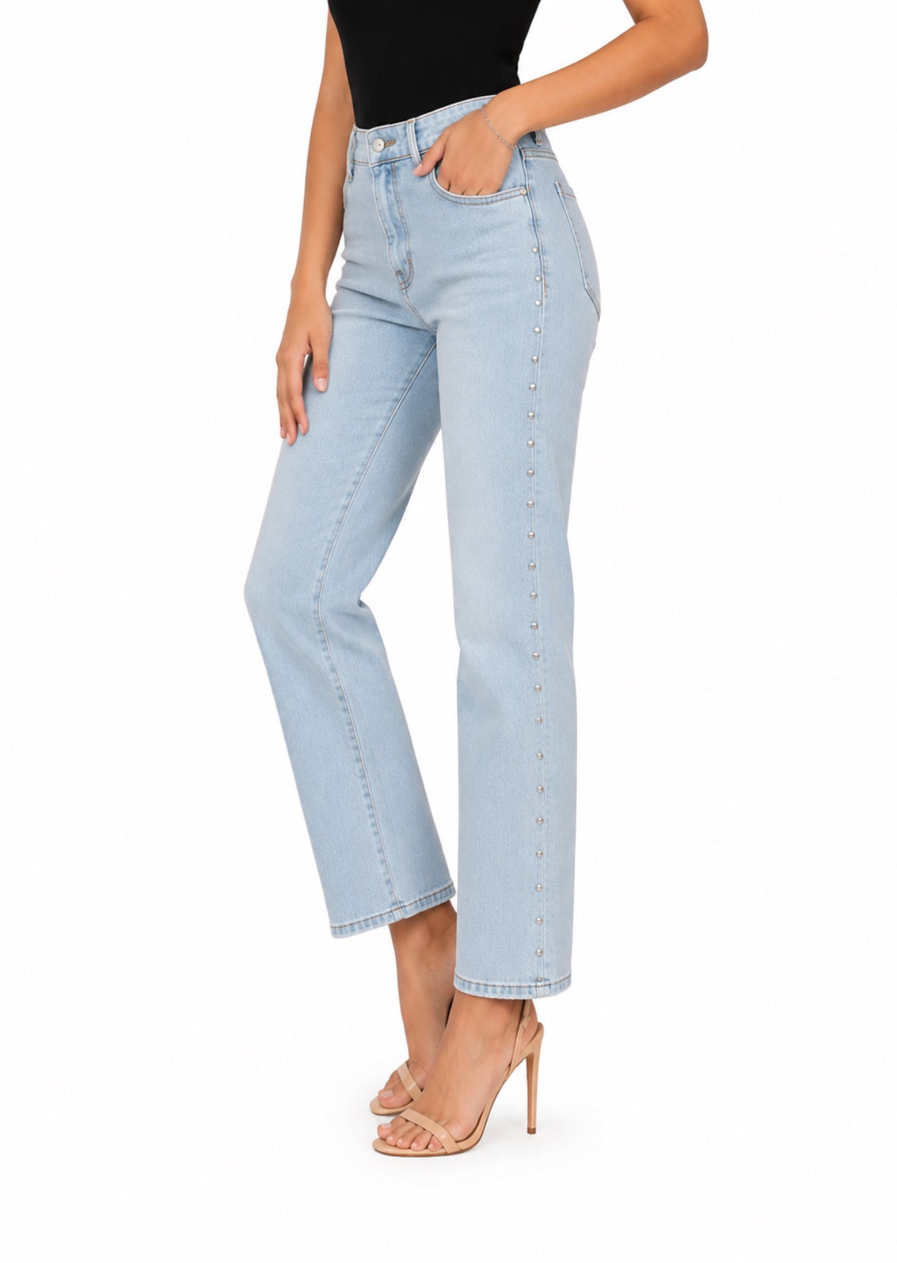 Ladies’ Light Wash Straight Fit Denim with Studs