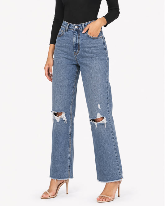 Ladies’ Wide-Leg Acid Wash Ripped Denim