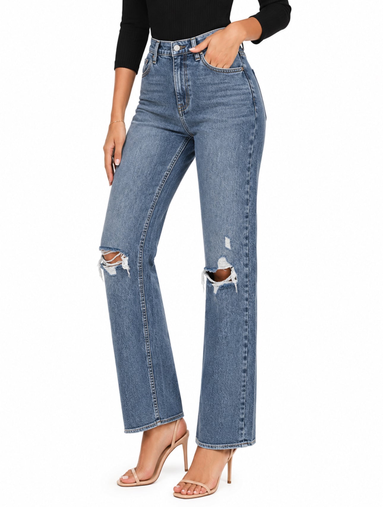 Ladies’ Wide-Leg Acid Wash Ripped Denim