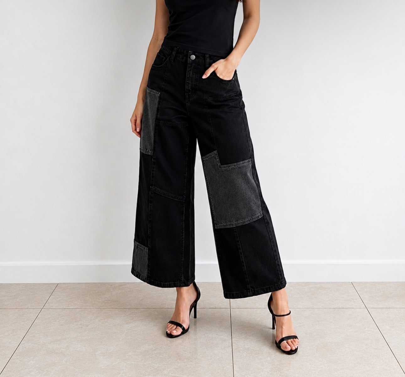 Ladies Black Baggy Fit Jeans with Patches.