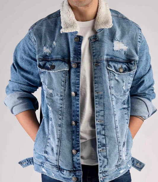 Premium Men’s Denim Jacket with Fur – Light wash