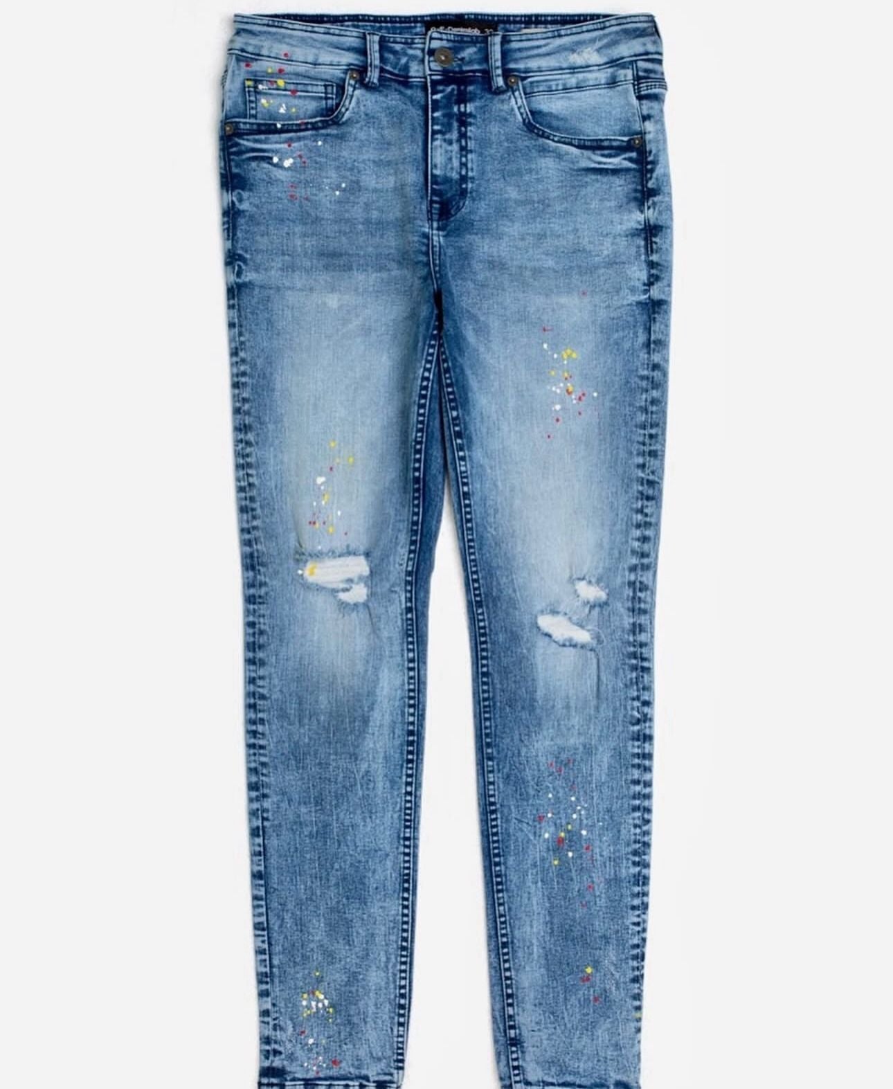 Men’s Skinny Fit Jeans with Paint Splatters – Medium Blue Wash