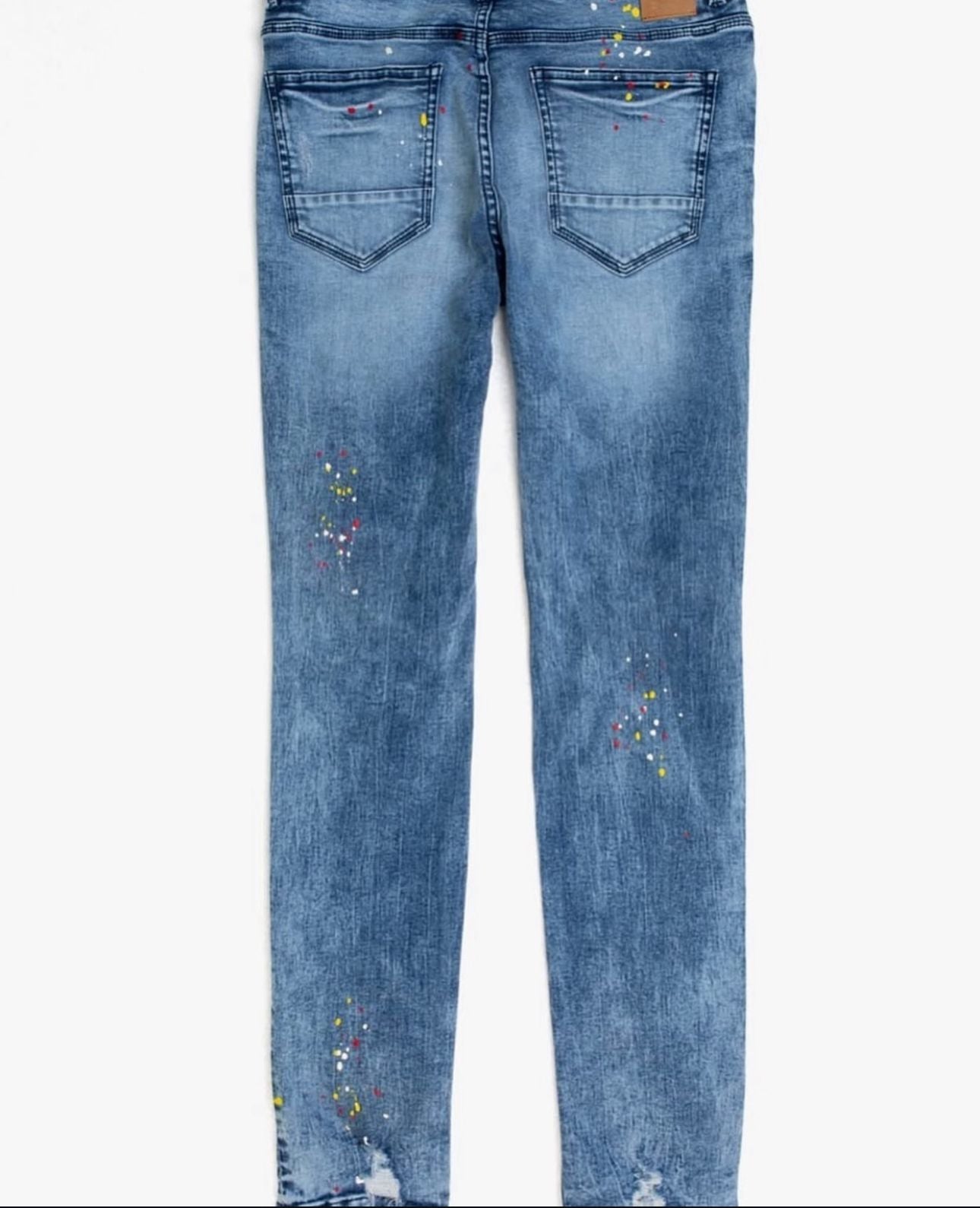 Men’s Skinny Fit Jeans with Paint Splatters – Medium Blue Wash