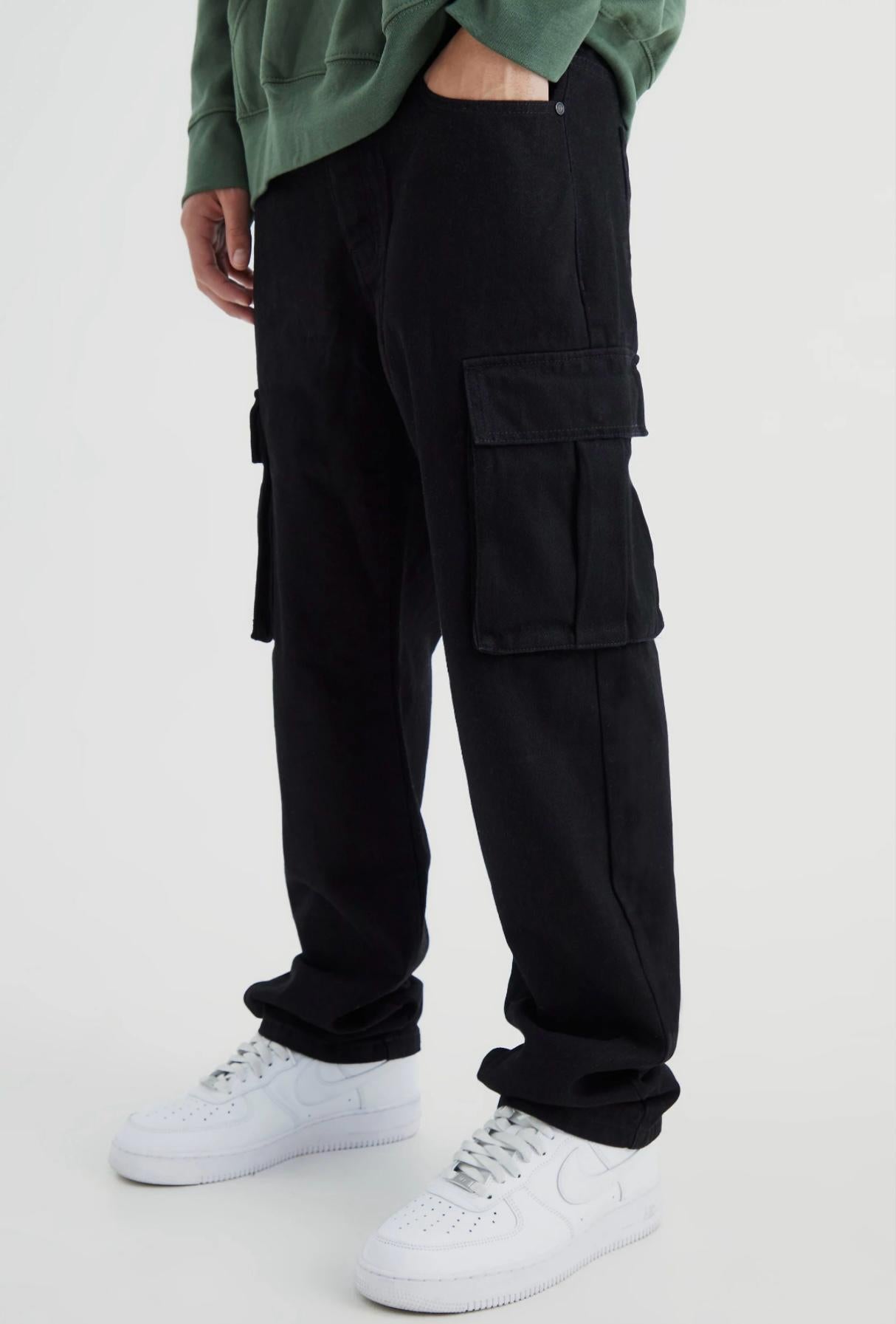 Men’s Black Cargo Jeans with Rigid Fabric