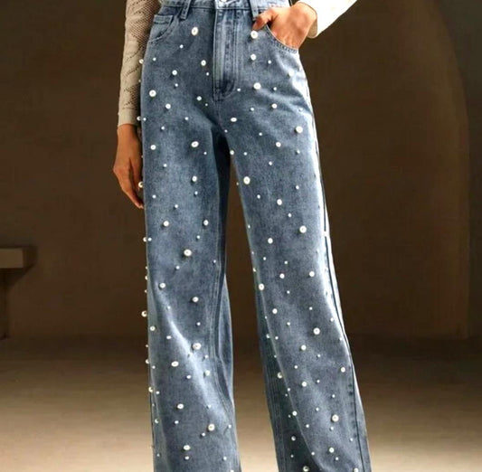 Ladies Wide Leg Jeans with Pearl Embellishment