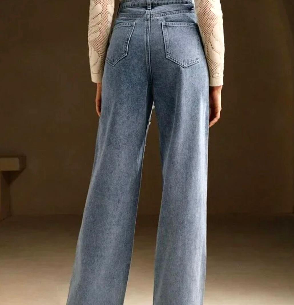 Ladies Wide Leg Jeans with Pearl Embellishment