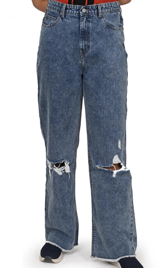 Ladies’ Wide-Leg Acid Wash Ripped Denim