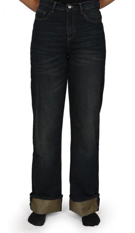 Ladies Wide-Leg Vintage Wash Denim jeans with Fold