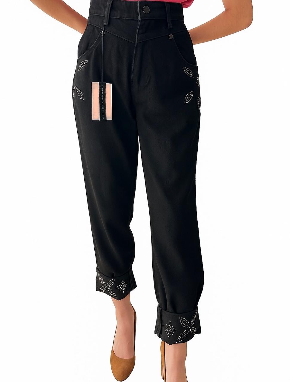 Revaroh Women’s Black Straight Fit Stretch Pants with Embellishments